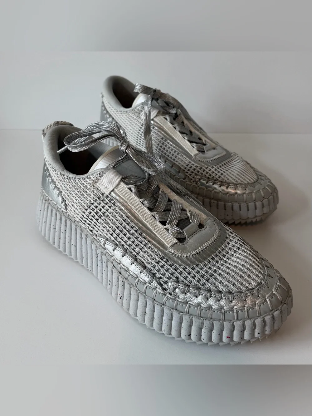 Chloé White and Silver Woven Platform Sneakers